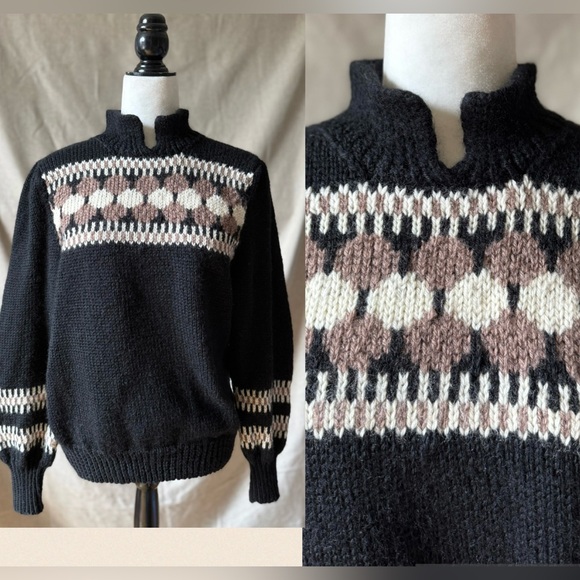 Hand Knit Chunky Black and Brown Puckered Shoulder Sweater - M - Picture 3 of 16